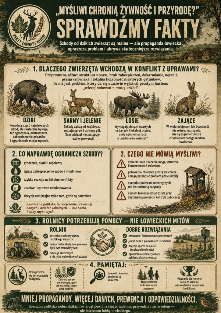 Infografika wyjaśniająca, że szkody w uprawach są realne, ale wymagają prewencji, jawności danych i sprawiedliwych odszkodowań, a nie prostego hasła „więcej polowań”.