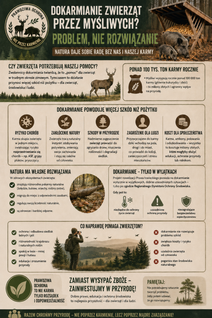 Infografika pokazująca, że dokarmianie i nęcenie dzikich zwierząt przez myśliwych może zwiększać ryzyko chorób, szkód i zależności zwierząt od człowieka