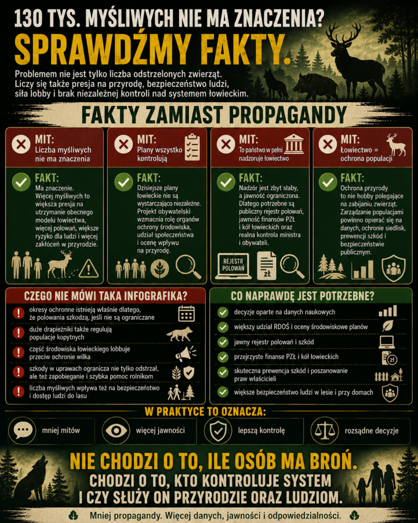 Infografika wyjaśniająca, że liczba myśliwych, plany łowieckie i nadzór nad PZŁ mają znaczenie dla przyrody, bezpieczeństwa ludzi, jawności i kontroli publicznej.